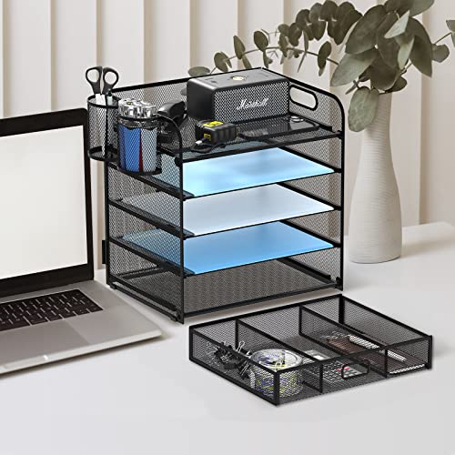 5-Trays Desktop File Organizer with Handle, Letter Tray Paper Organizer with Drawer and Pen Holders