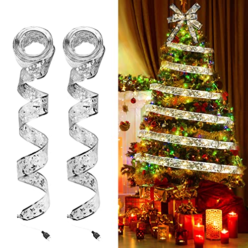 2 Pack Christmas Tree Ribbon Lights, 32ft 100 LED Christmas Fairy Strings Lights