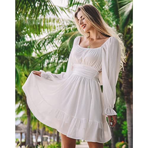 Women Tie Back Summer Dresses Long Lantern Sleeve Square Neck Ruffle