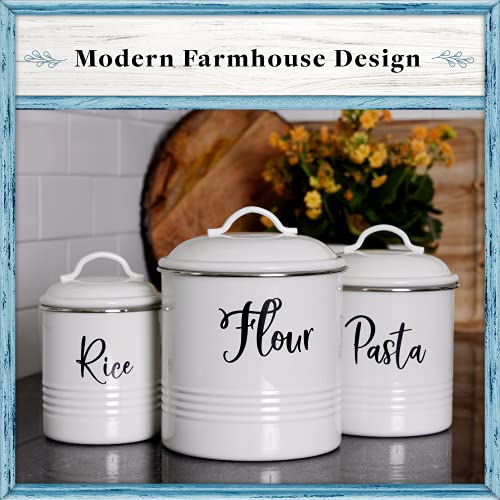 Home Acre Designs Kitchen Canisters Set of 3 - Airtight Flour, Pasta & Rice Containers - Rustic Farmhouse Canister Jars - White