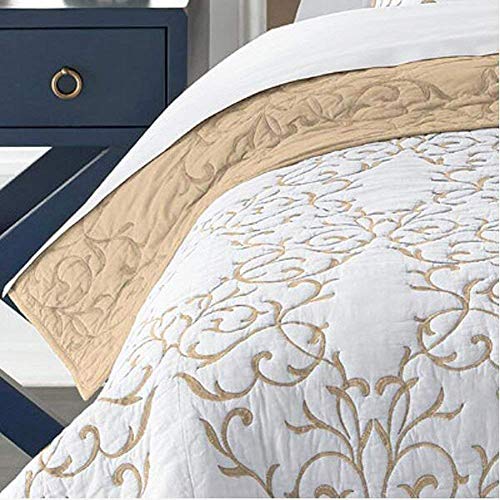 Reversible 100% Cotton 3-Piece Beige Embroidery Pattern Elegant Quilt Set