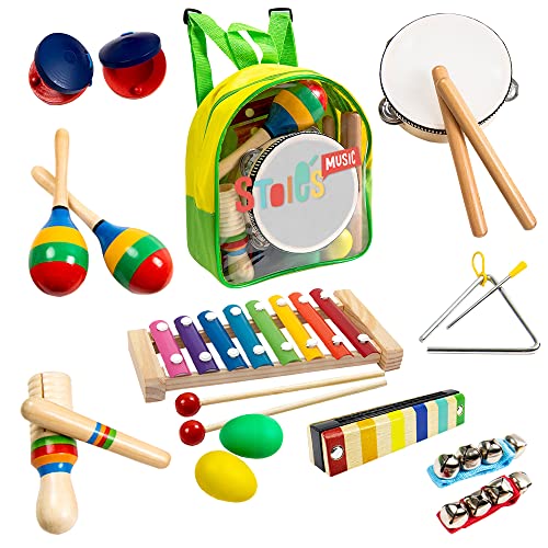 Kids Musical Instruments Set 19 pcs for Toddler Ages 3-5 - Wooden Percussion