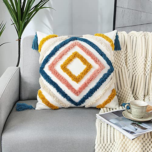 Boho Throw Pillow Covers 18x18, Woven Tufted Decorative Pillow Covers