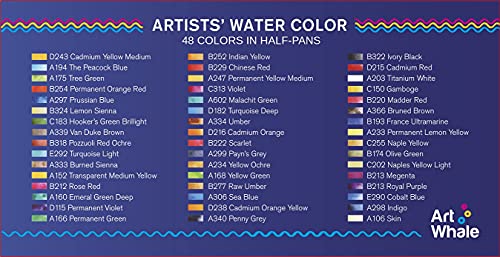 Watercolor Paint Set in Half-Pans by ArtWhale, 48 colors, Tin Box + Waterbrush