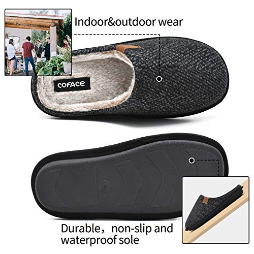 Mens Black Woolen Cozy Memory Foam scuff Slippers Slip On Warm House Shoes