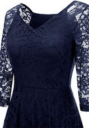 Long-Sleeve A-Line Lace Bridesmaid Dress Midi for Wedding Formal Party S Navy