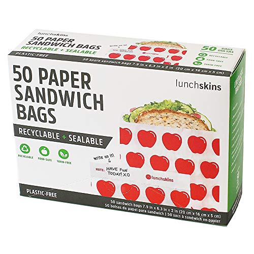 Recyclable + Sealable Paper Sandwich Bags, w/Closure Strip, 50-Count, Apple