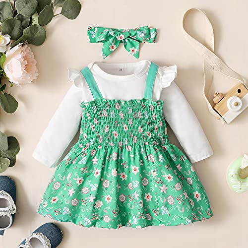 Infant Girl Birthday Dress Suspender Print Skirt Long Sleeve Bodysuits Green 6M