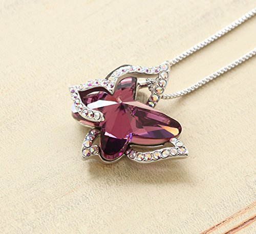 Butterfly Crystal Necklace with Amethyst Pink Birthstone for February, Silver-Tone