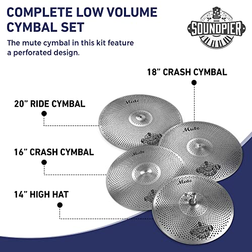 Low Volume Cymbal Pack with Drum Mute Pads, All-In-One 5-Piece Cymbal Set