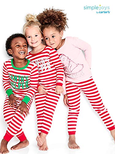 Unisex Kids' 3-Piece Snug-Fit Cotton Christmas Pajama Set, Red/White, Stripe/Santa, 8
