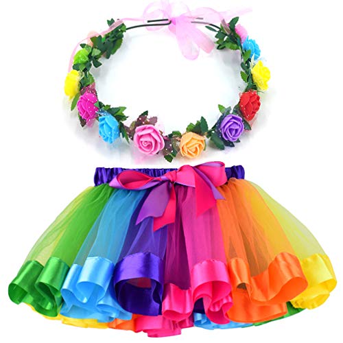 Layered Tulle Ballet Rainbow Tutu Skirt with Flower Headband