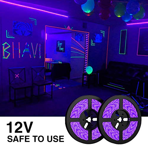32.8ft LED UV Black Light Strip Kit, 600 Units UV Lamp Beads, 12V Flexible Blacklight Fixtures,