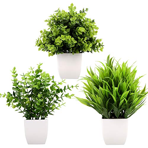 3Pack Mini Fake Plants in Pots,Artificial Plastic Eucalyptus Plants,Wheat Grass