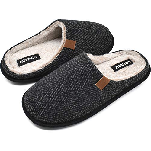 Mens Black Woolen Cozy Memory Foam scuff Slippers Slip On Warm House Shoes