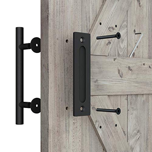 Heavy Duty 12" Pull and Flush Barn Door Handle Set, Large Rustic Two-Side Design,