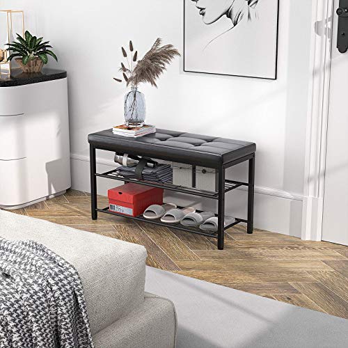 Ecoprsio Shoe Bench, 3 Tier Shoe Rack for Entryway, Metal Frame, Leather Bench Seat