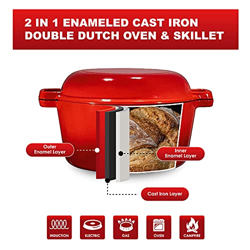 2 in 1 Enameled Cast Iron Double Dutch Oven & Skillet Lid, 5-Quart, Fire Red -