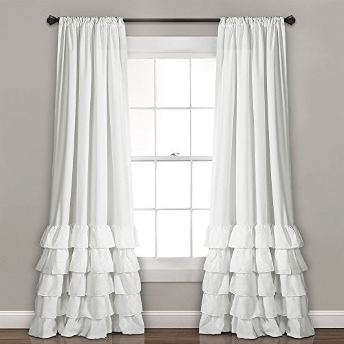 White Allison Ruffle Curtains-Window Panel Drapes Set 84" x 40", 84 in L