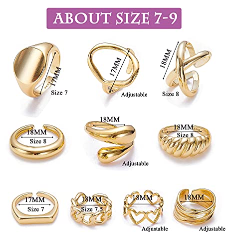 10PCS Gold Dome Chunky Rings for Women 18K Gold Plated Signet Rings