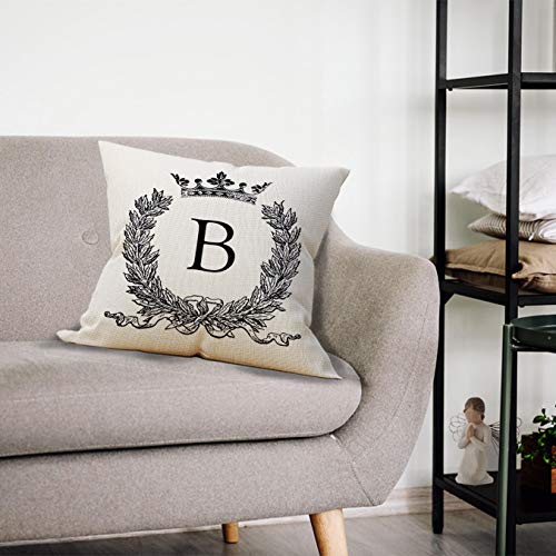 English Alphabet B Throw Pillow Cover, Monogram Crown Cotton Linen Cushion