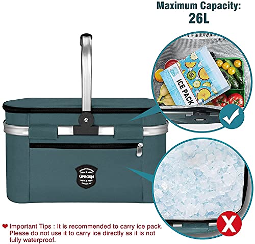 Insulated Cooler Bag Picnic Basket, 26L Leakproof Collapsible Portable Cooler, Navy