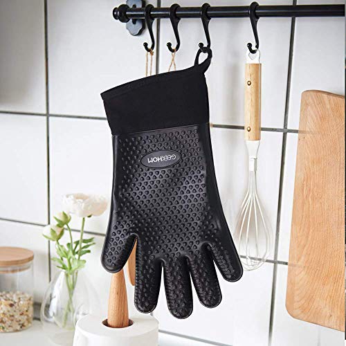 Grilling Gloves, Heat Resistant Gloves BBQ Kitchen Silicone Oven Baking (Black)