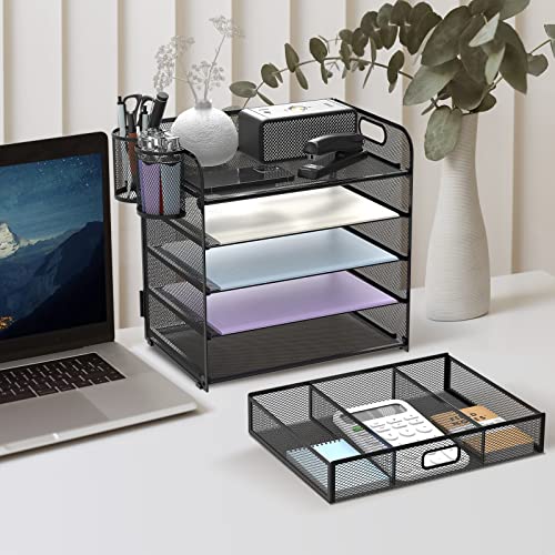 5-Trays Desktop File Organizer with Handle, Letter Tray Paper Organizer with Drawer and Pen Holders