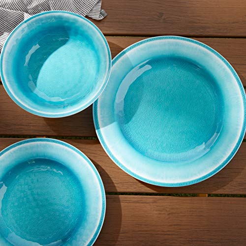 Amazon Basics Melamine Dinnerware Set, Service for 4, Teal Crackle Glaze - Set of 12