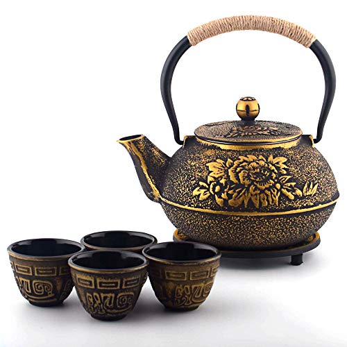 6-piece Japanese Cast Iron Pot Tea Set with Trivet, Golden Peony (40 oz)