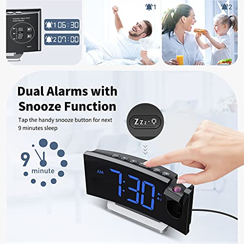 Projection Alarm Clock with 0-100% Dimmer and FM Radio, Dual Alarm, 5 Alarm Sounds