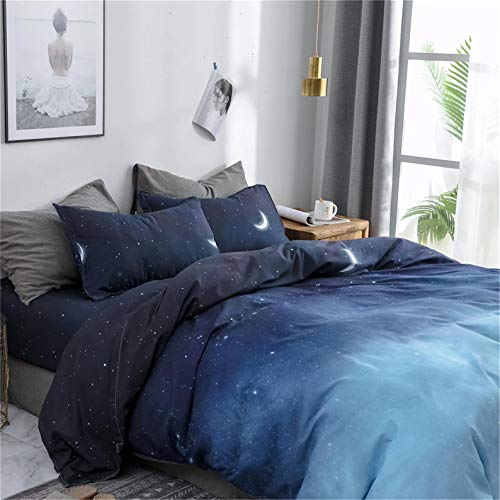 Blue Duvet Cover Twin Size, Star Moon Printed Aesthetic Duvet Cover Set