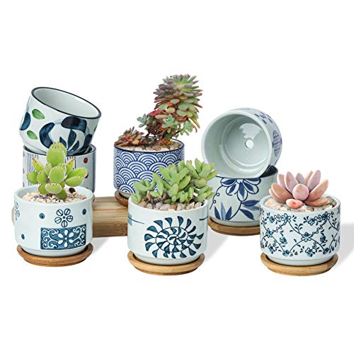 T4U 3 Inch Ceramic Succulent Planter Pots with Bamboo Tray Set of 8, Japanese Style Porcelain Handicraft as Gift for Mom Sister Aunt Best for Home Office Restaurant Table Desk Window Sill Decoration