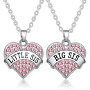 2PCs Big Sis Lil Sis Crystal Heart Pendant Necklace Set Gift for Sister (Pink)
