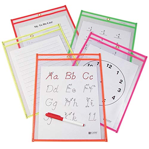 C-Line Reusable Dry Erase Pockets, 9 x 12 Inches, Assorted Neon Colors