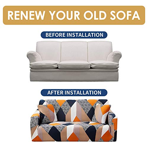 Stretch Sofa Covers Printed Couch Cover Sofa Slipcovers for 3 Cushion Couches Elastic Universal Furniture Protector with 1 Pillowcase (Large, Grey Geometry)
