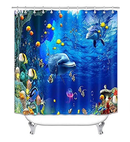 4PCS/Set Cute Dolphin Shower Curtain, Tropical Fish Jellyfish Coral Seaweed