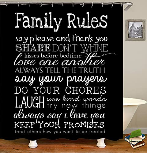 4PCS/Set Family Rules Black Shower Curtain, White Letters Inspirational Quotes