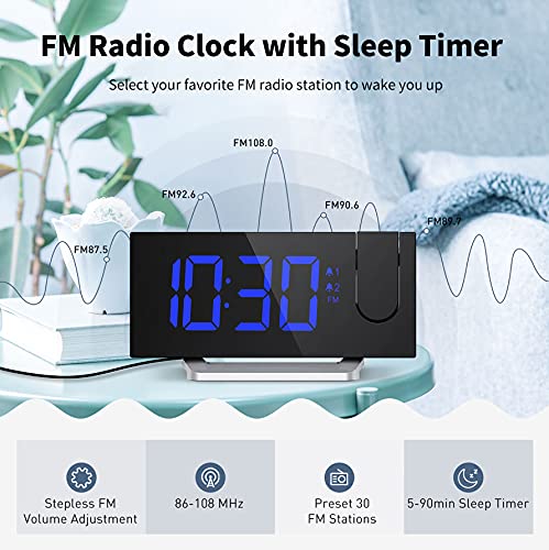 Projection Alarm Clock with 0-100% Dimmer and FM Radio, Dual Alarm, 5 Alarm Sounds