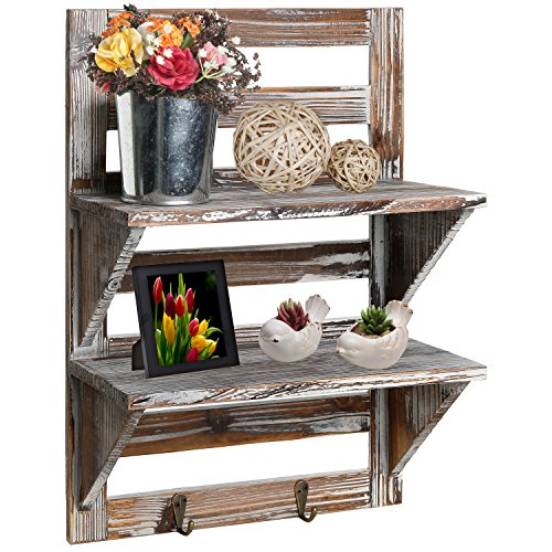 2-Tier Wall-Mounted Shelf Rack with Key Hooks, Torched Wood Entryway Storage