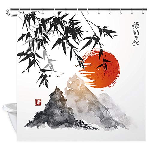 Japanese Bamboo Trees Sun and Mountains Bath Curtain, Polyester Fabric