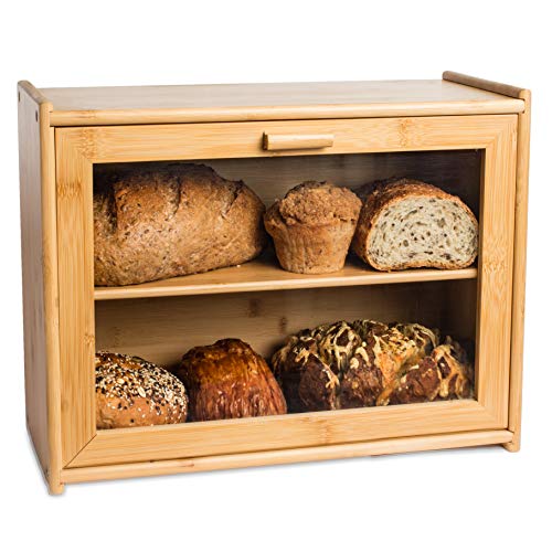 Bamboo Bread Box for Kitchen Counter - Double Layer Bread Storage with Clear Windows