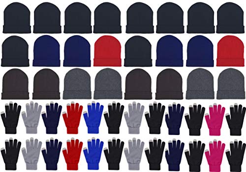 48x Winter Beanies & Gloves Combo Pack, Bulk Pack for Men Women, Warm Cozy Gift