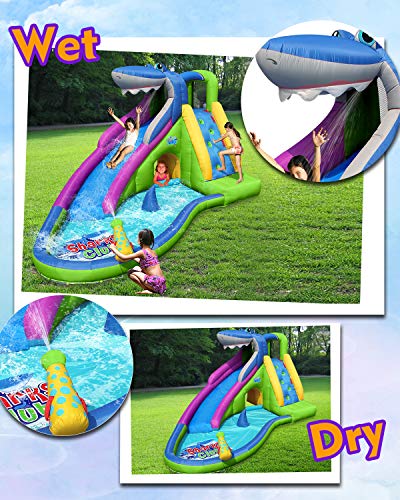 Inflatable Waterslide, Shark Bounce House with Slide for Wet and Dry