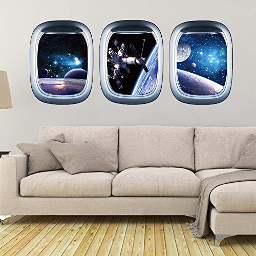 3 Pcs Universe Astronaut Space Capsule Window Wall Decals 3D Planet Spacecraft