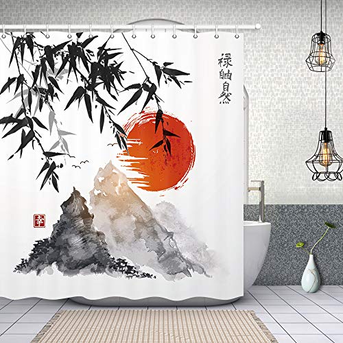 Japanese Bamboo Trees Sun and Mountains Bath Curtain, Polyester Fabric