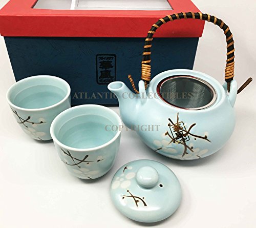Japanese Design Sky Blue Cherry Blossom Sakura Tea Pot and Cups Set Serves 2