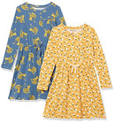 Girls' Long-Sleeve Elastic Waist T-Shirt Dress, Blue/Gold, Cat/Floral, Small