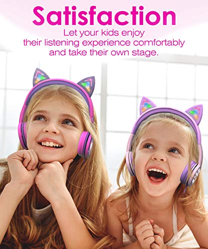 Kids Headphones with LED Light Up Cat Ears 3.5mm On Ear Audio Headphones for Kids