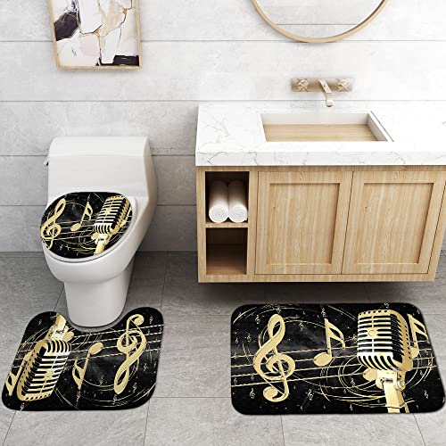 4PCS Music Shower Curtain Set, Musical Notes Luxury Modern Bathroom Decor, Waterproof Fabric